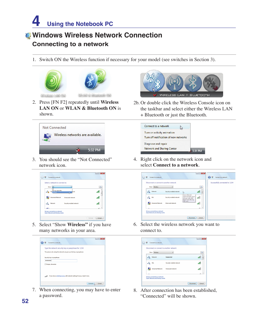 Windows wireless network connection | Asus N70SV User Manual | Page 52 / 87