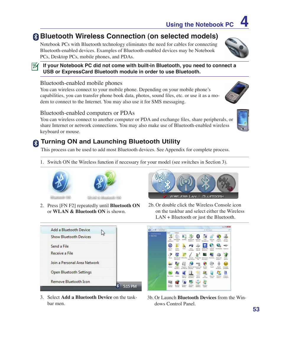 Bluetooth wireless connection (on selected models) | Asus N70SV User Manual | Page 53 / 87