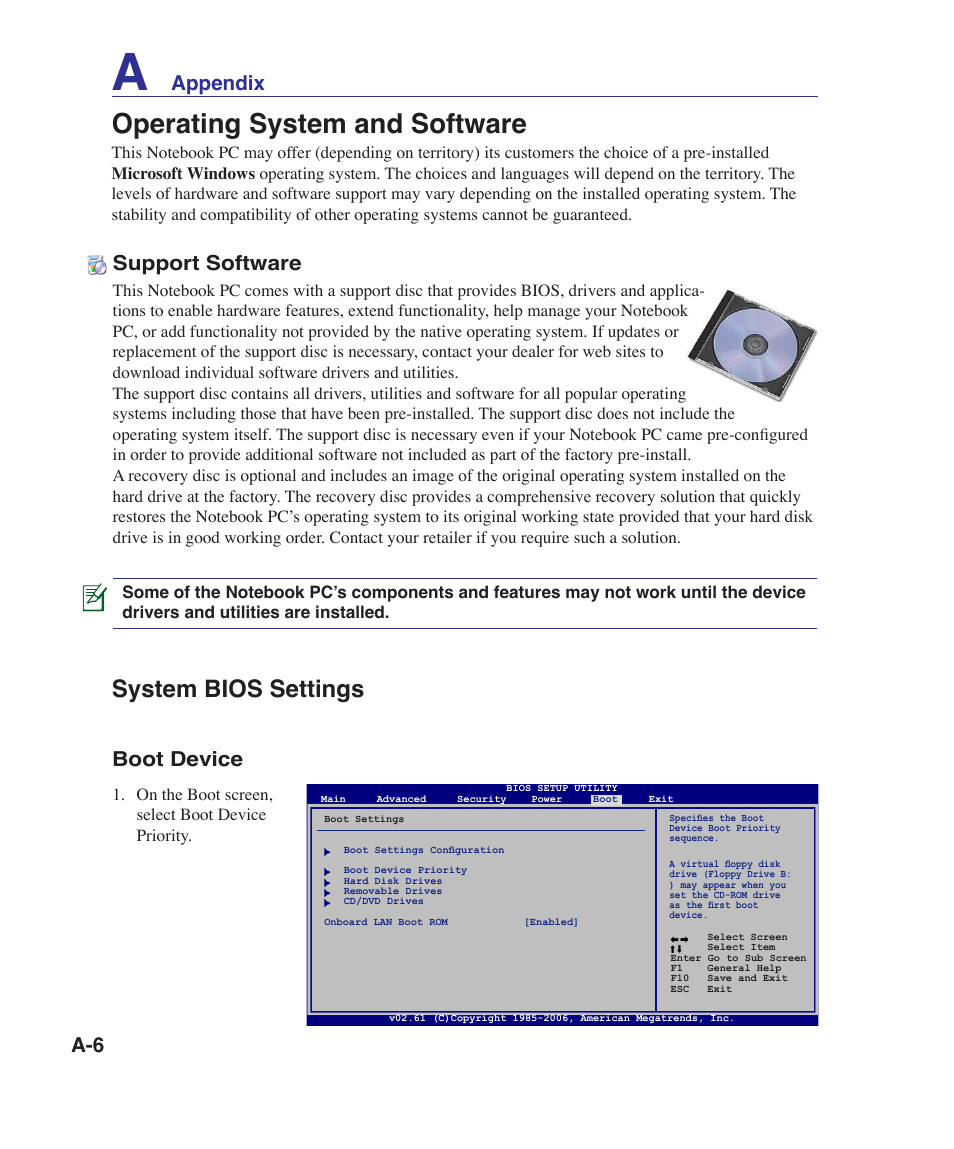 Operating system and software, System bios settings, Appendix support software | Boot device | Asus N70SV User Manual | Page 60 / 87