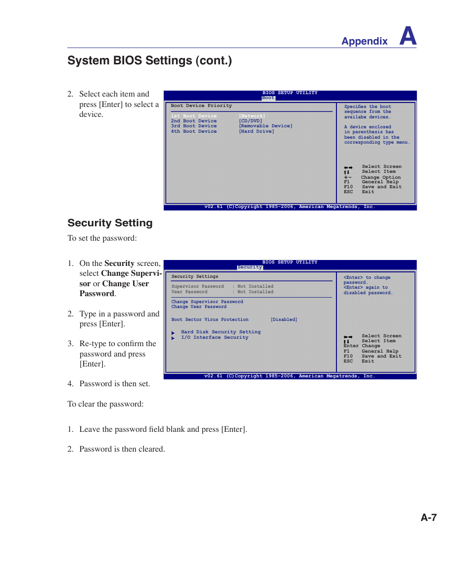 System bios settings (cont.), A-7 appendix, Security setting | Asus N70SV User Manual | Page 61 / 87