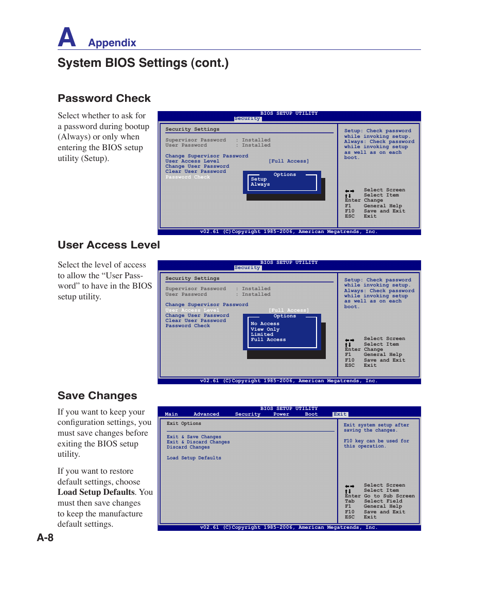 System bios settings (cont.), Password check, User access level save changes | Appendix | Asus N70SV User Manual | Page 62 / 87