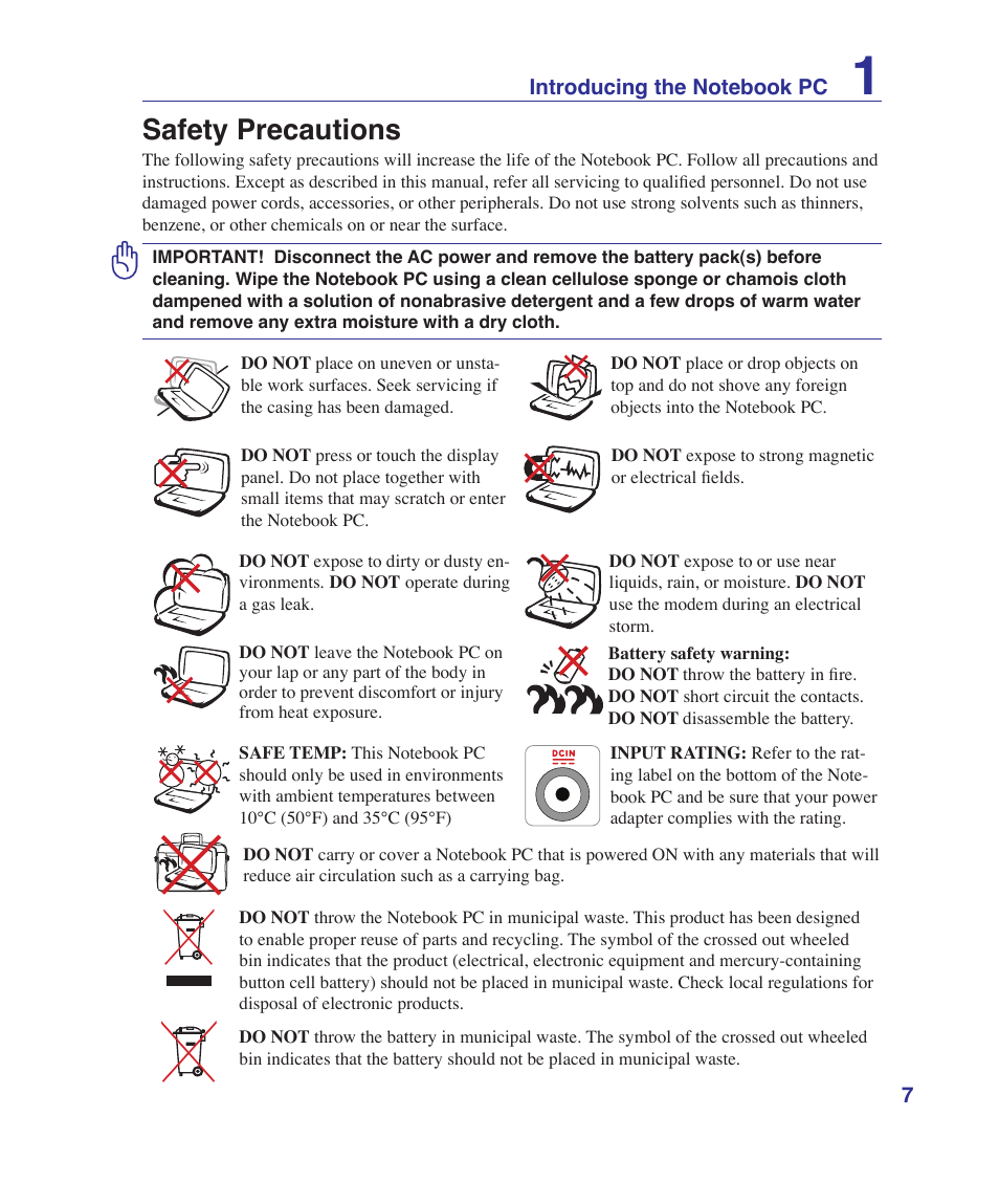 Safety precautions | Asus N70SV User Manual | Page 7 / 87