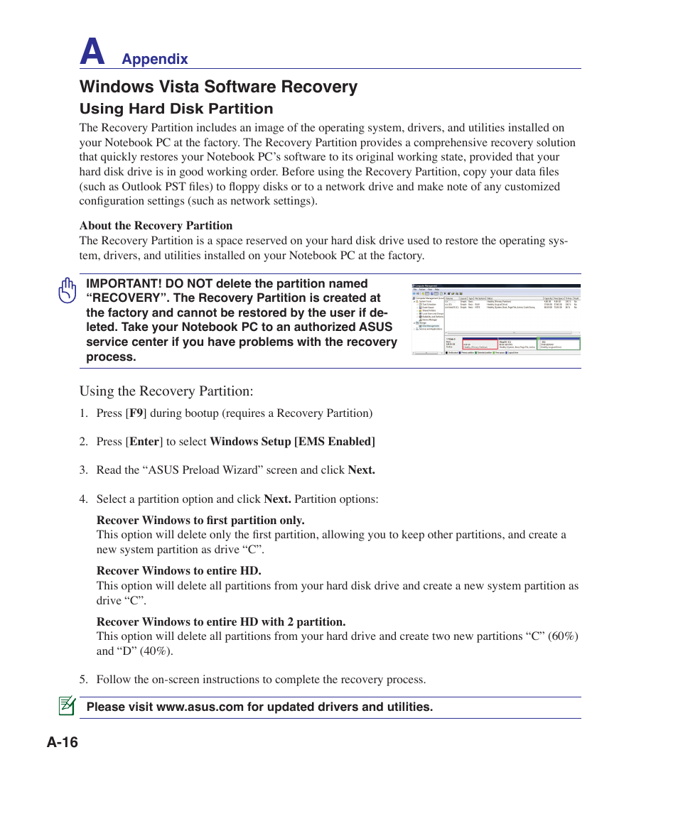 Windows vista software recovery | Asus N70SV User Manual | Page 70 / 87