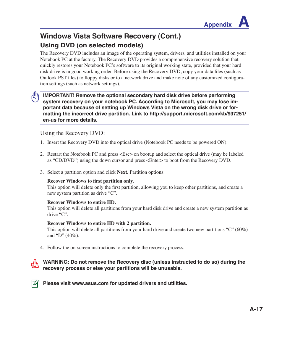Windows vista software recovery (cont.) | Asus N70SV User Manual | Page 71 / 87
