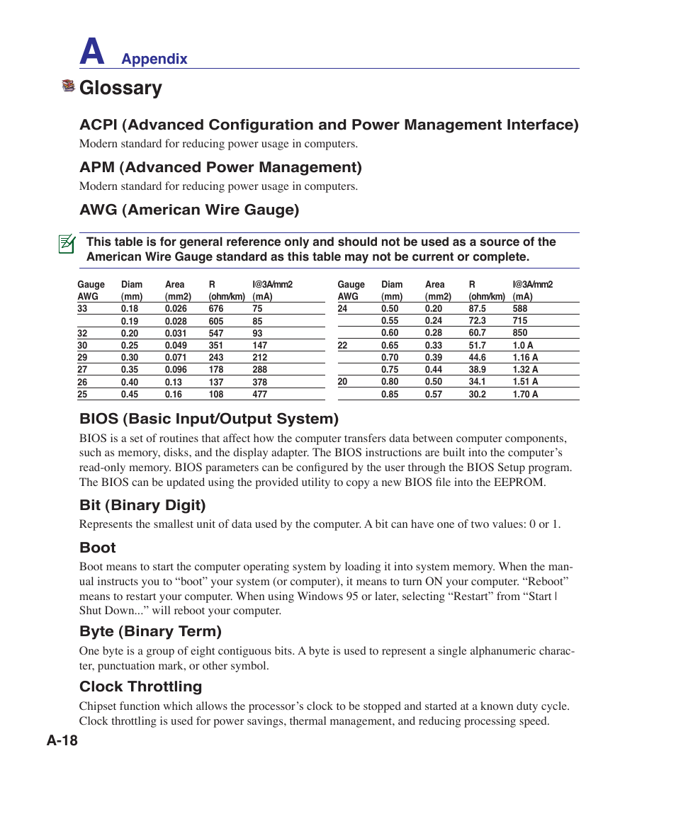 Glossary, A-18, Apm (advanced power management) | Awg (american wire gauge), Bios (basic input/output system), Bit (binary digit), Boot, Byte (binary term), Clock throttling, Appendix | Asus N70SV User Manual | Page 72 / 87