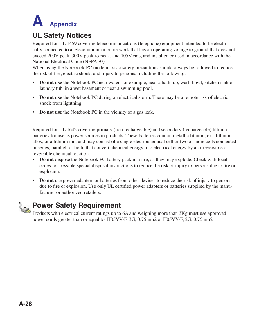 Ul safety notices, Power safety requirement | Asus N70SV User Manual | Page 82 / 87