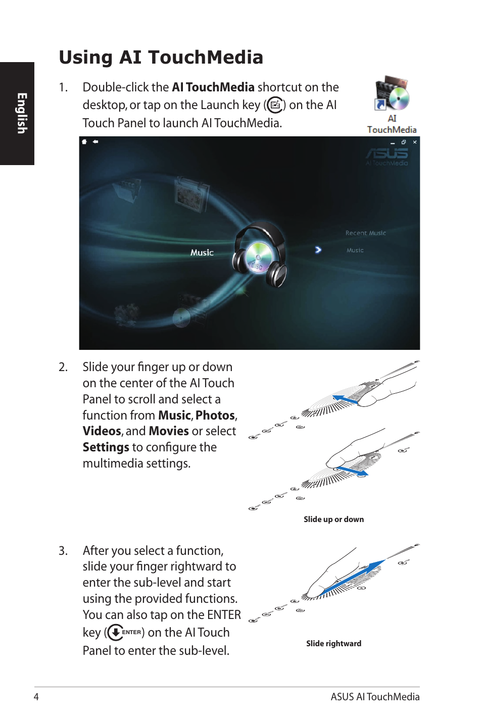 Using ai touchmedia, English, On the ai touch panel to enter the sub-level | 4asus ai touchmedia | Asus M60Vp User Manual | Page 4 / 7