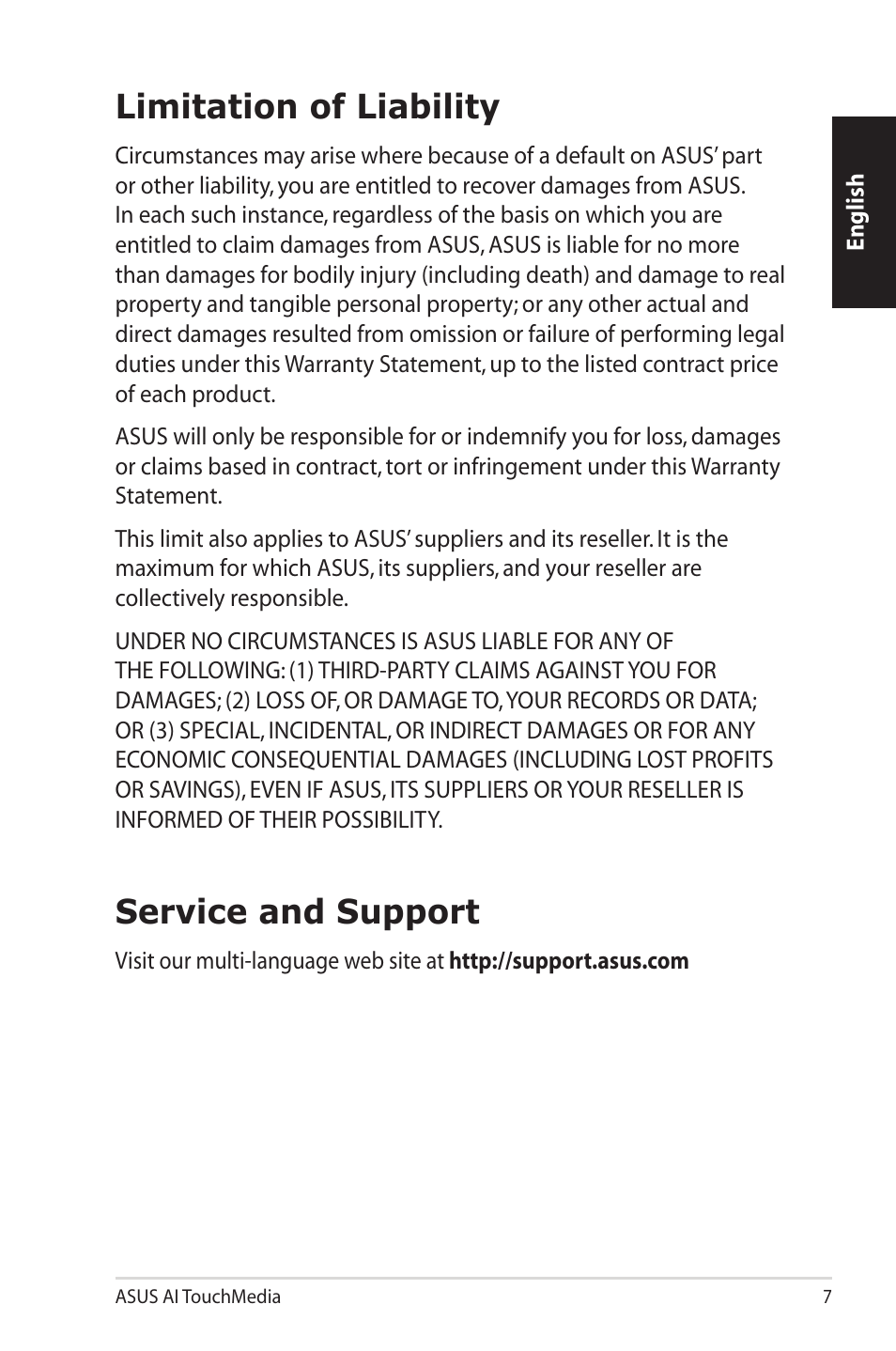 Limitation of liability, Service and support | Asus M60Vp User Manual | Page 7 / 7