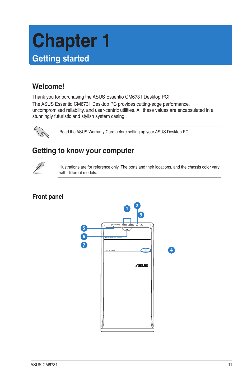 Chapter 1, Getting started, Welcome | Getting to know your computer, Welcome! getting to know your computer | Asus CM6731 User Manual | Page 11 / 66