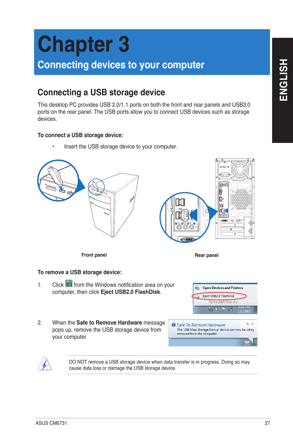 Chapter 3, Connecting devices to your computer, Connecting a usb storage device | En gl is h en gl is h | Asus CM6731 User Manual | Page 27 / 66