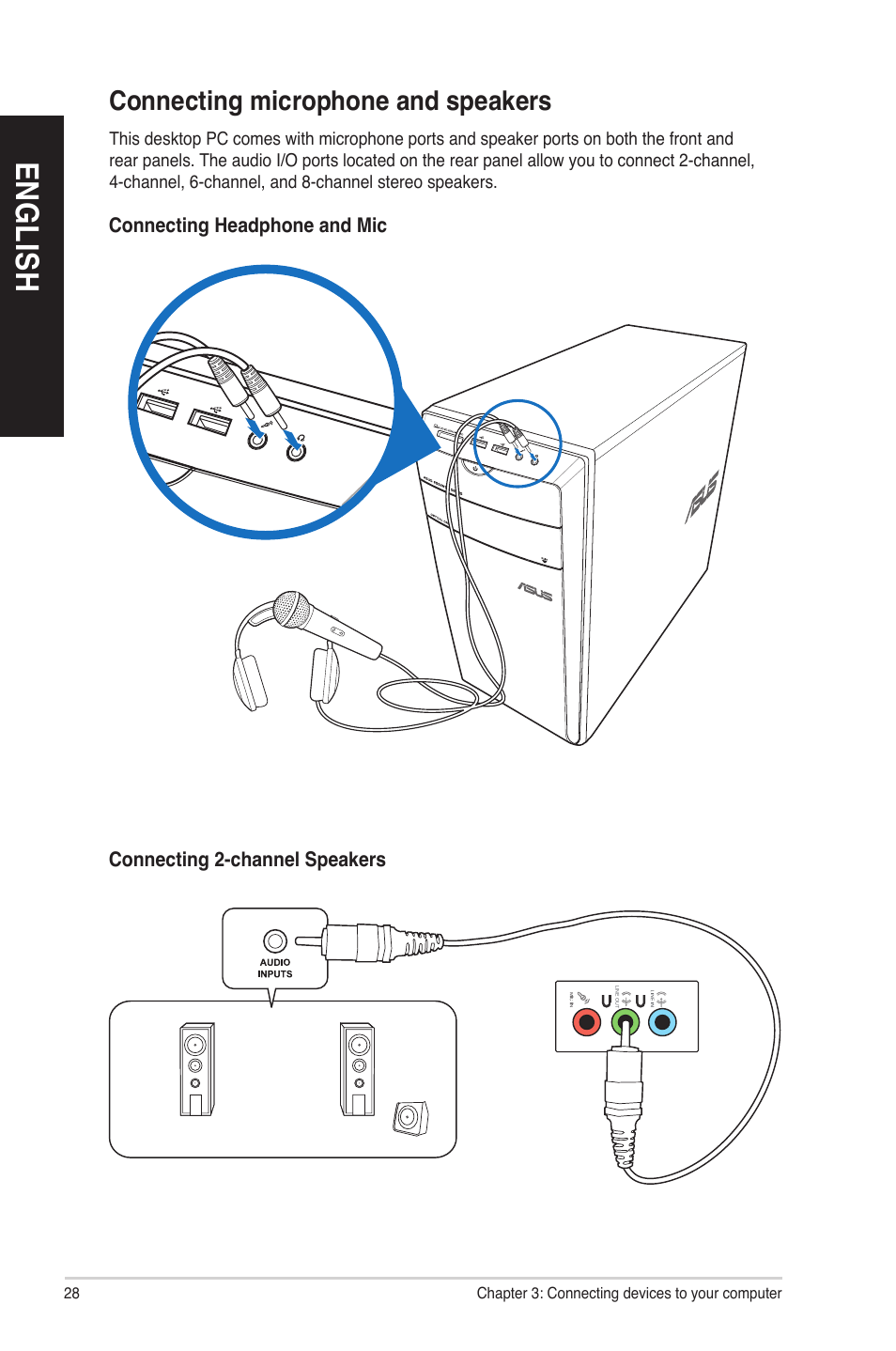 Connecting microphone and speakers, En gl is h en gl is h en gl is h en gl is h | Asus CM6731 User Manual | Page 28 / 66