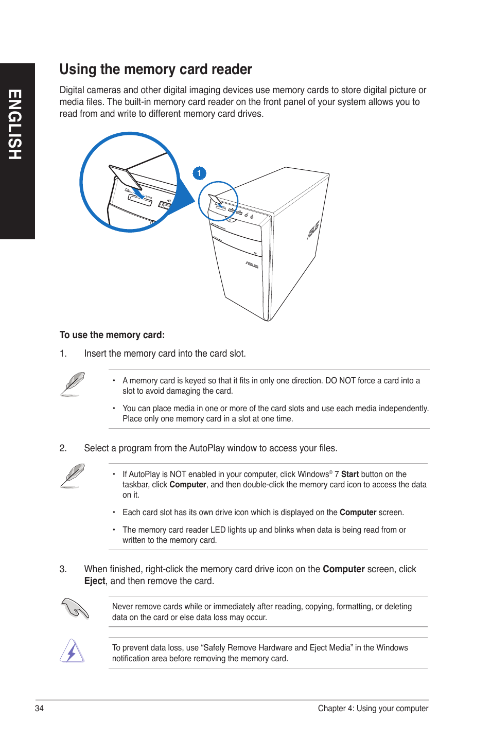 Using the memory card reader, En gl is h en gl is h en gl is h en gl is h | Asus CM6731 User Manual | Page 34 / 66