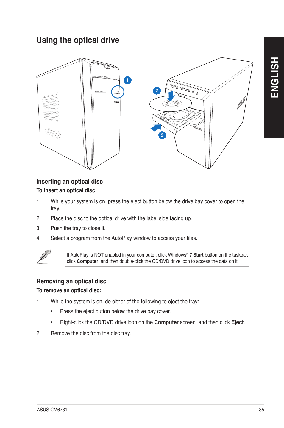 Using the optical drive, En gl is h en gl is h | Asus CM6731 User Manual | Page 35 / 66