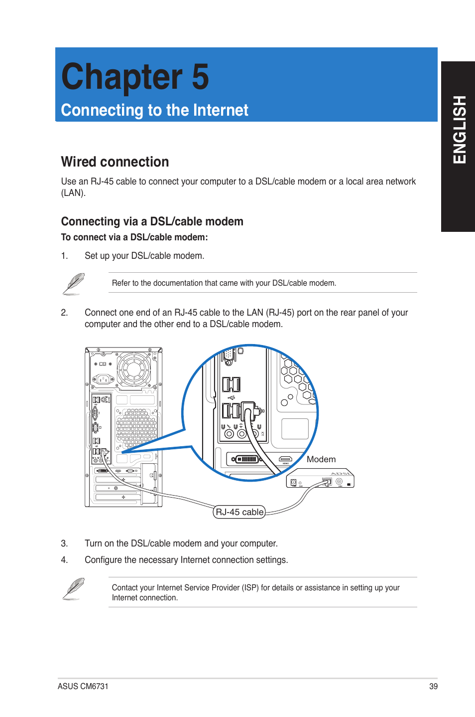 Chapter 5, Connecting to the internet, Wired connection | En gl is h en gl is h | Asus CM6731 User Manual | Page 39 / 66
