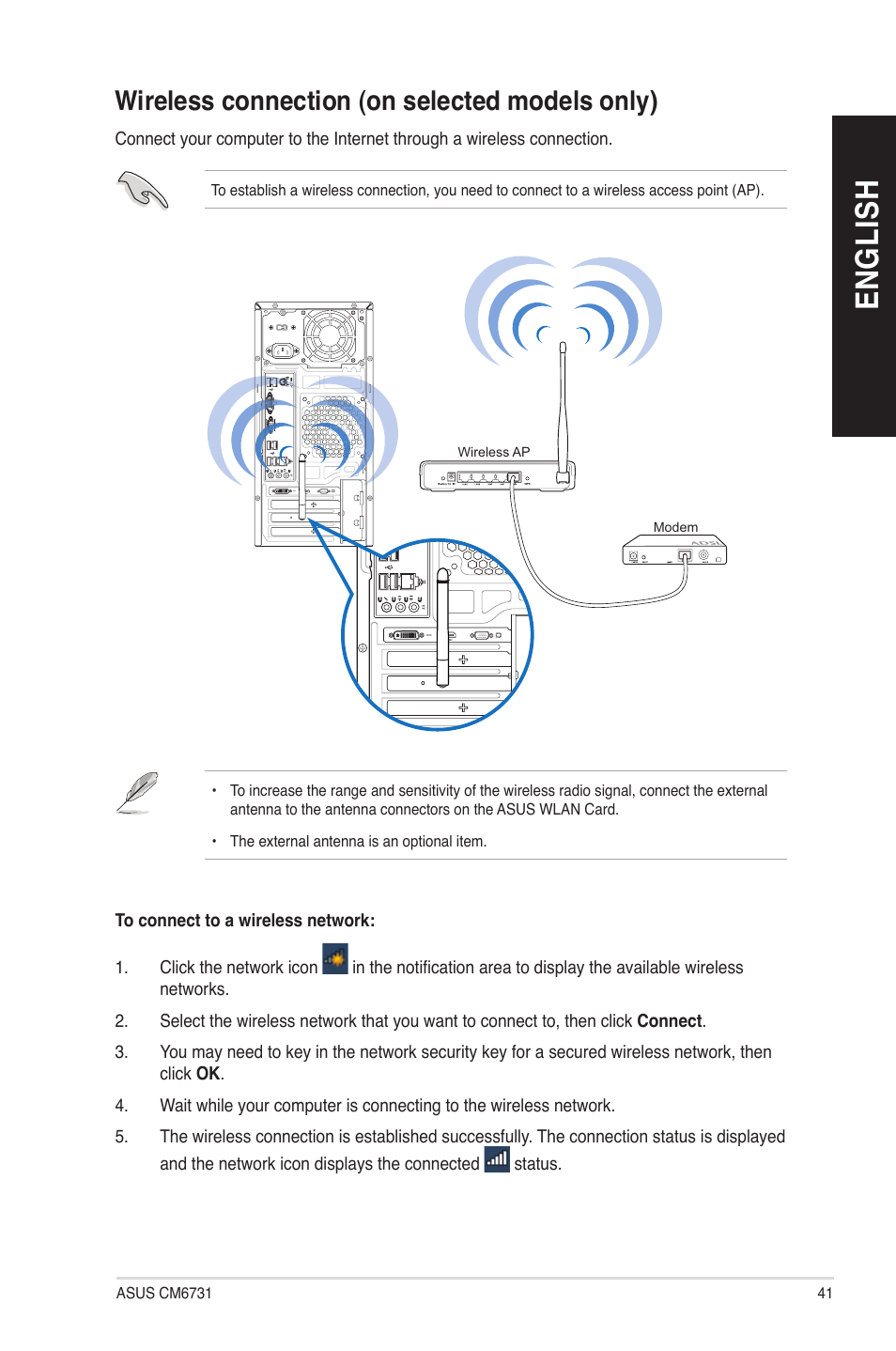 Wireless connection (on selected models only), En gl is h en gl is h, Wireless connection �on selected models only | Asus CM6731 User Manual | Page 41 / 66