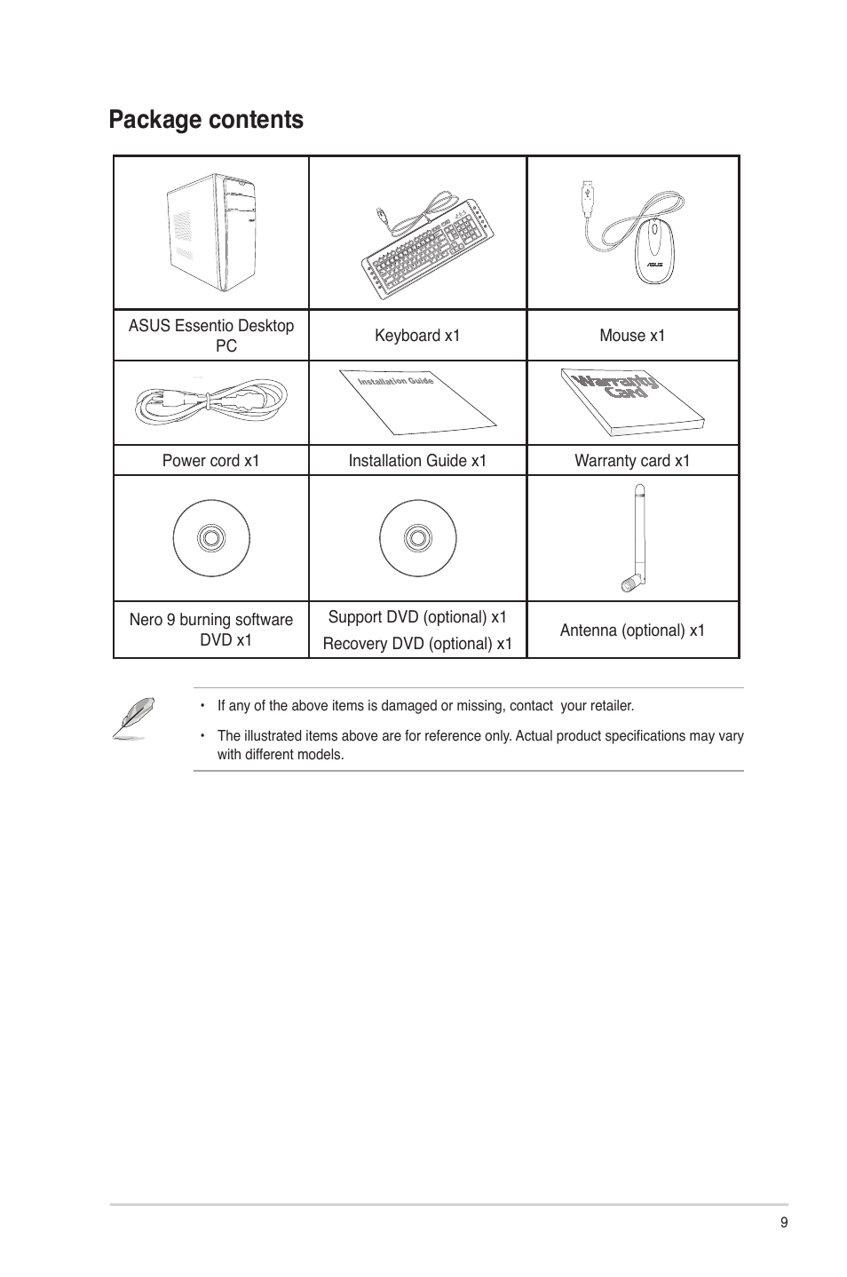 Package contents | Asus CM6731 User Manual | Page 9 / 66