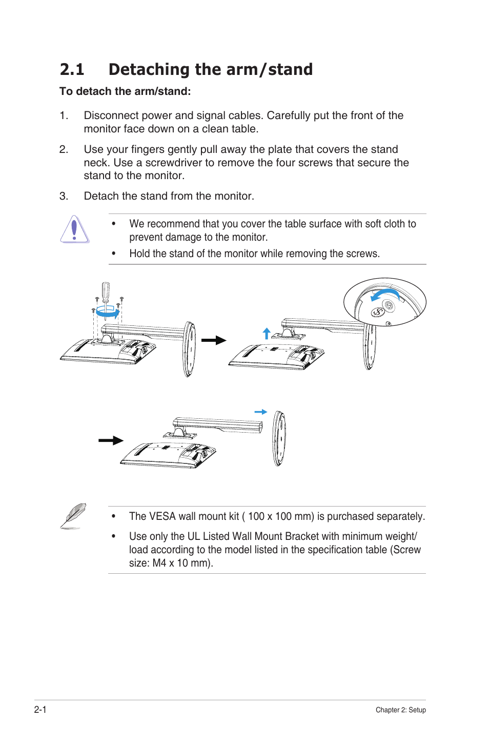 1 detaching the arm/stand, Detaching the arm/stand -1, 1 detaching the arm/stand | Asus VS228NL-P User Manual | Page 12 / 21