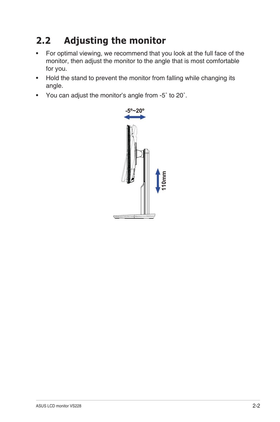 2 adjusting the monitor, Adjusting the monitor -2 | Asus VS228NL-P User Manual | Page 13 / 21