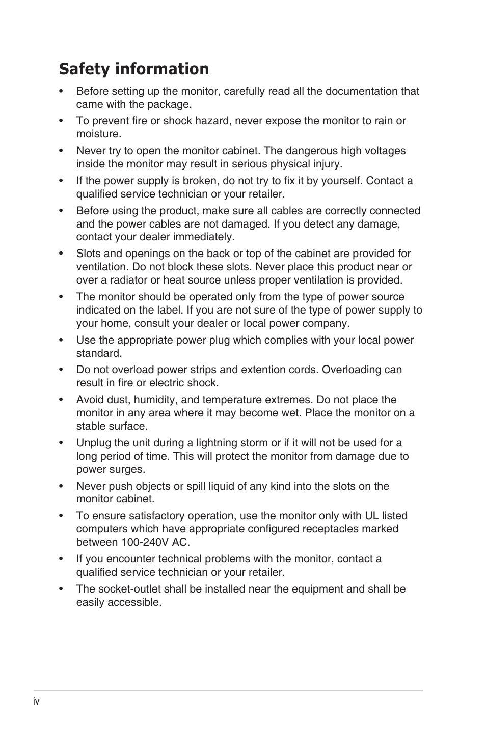 Safety information | Asus VS228NL-P User Manual | Page 4 / 21