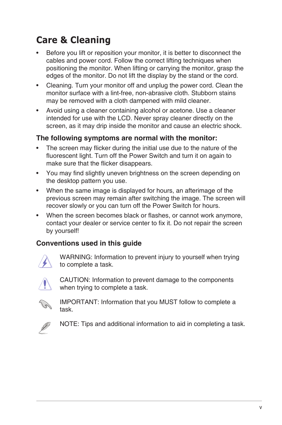 Care & cleaning | Asus VS228NL-P User Manual | Page 5 / 21