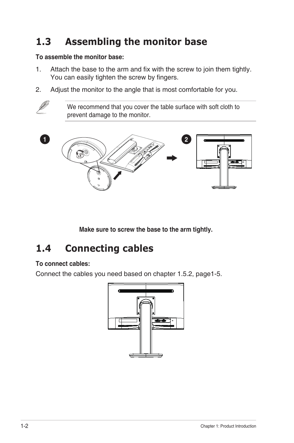 3 assembling the monitor base, 4 connecting cables, Assembling the monitor base -2 | Connecting cables -2 | Asus VS228NL-P User Manual | Page 8 / 21