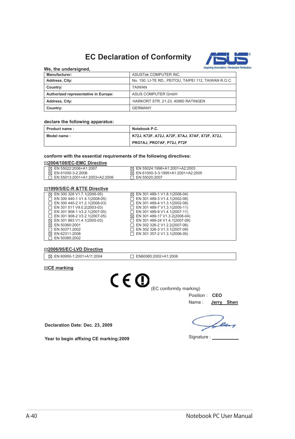 Ec declaration of conformity | Asus K72JU User Manual | Page 106 / 106