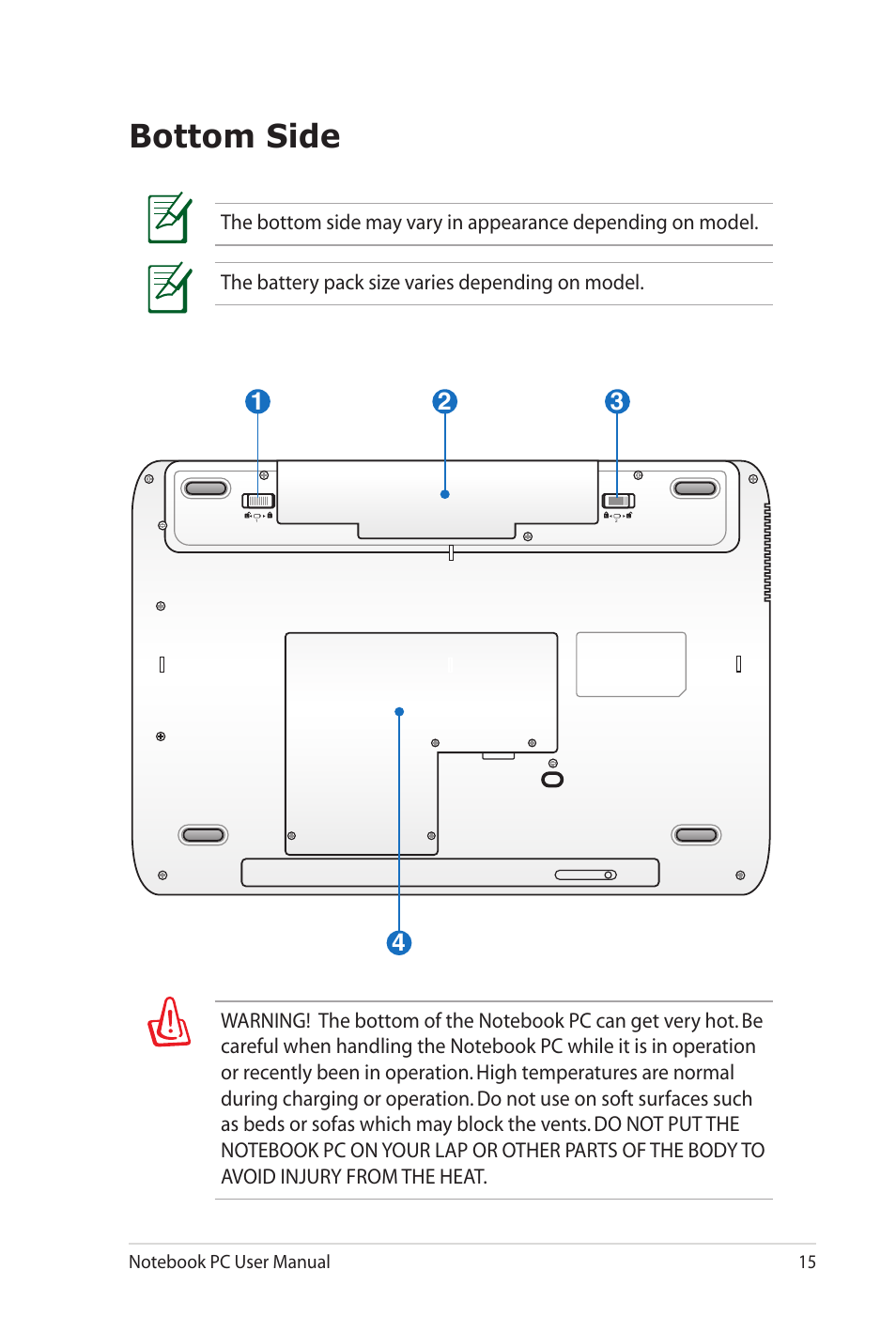 Bottom side | Asus K72JU User Manual | Page 15 / 106