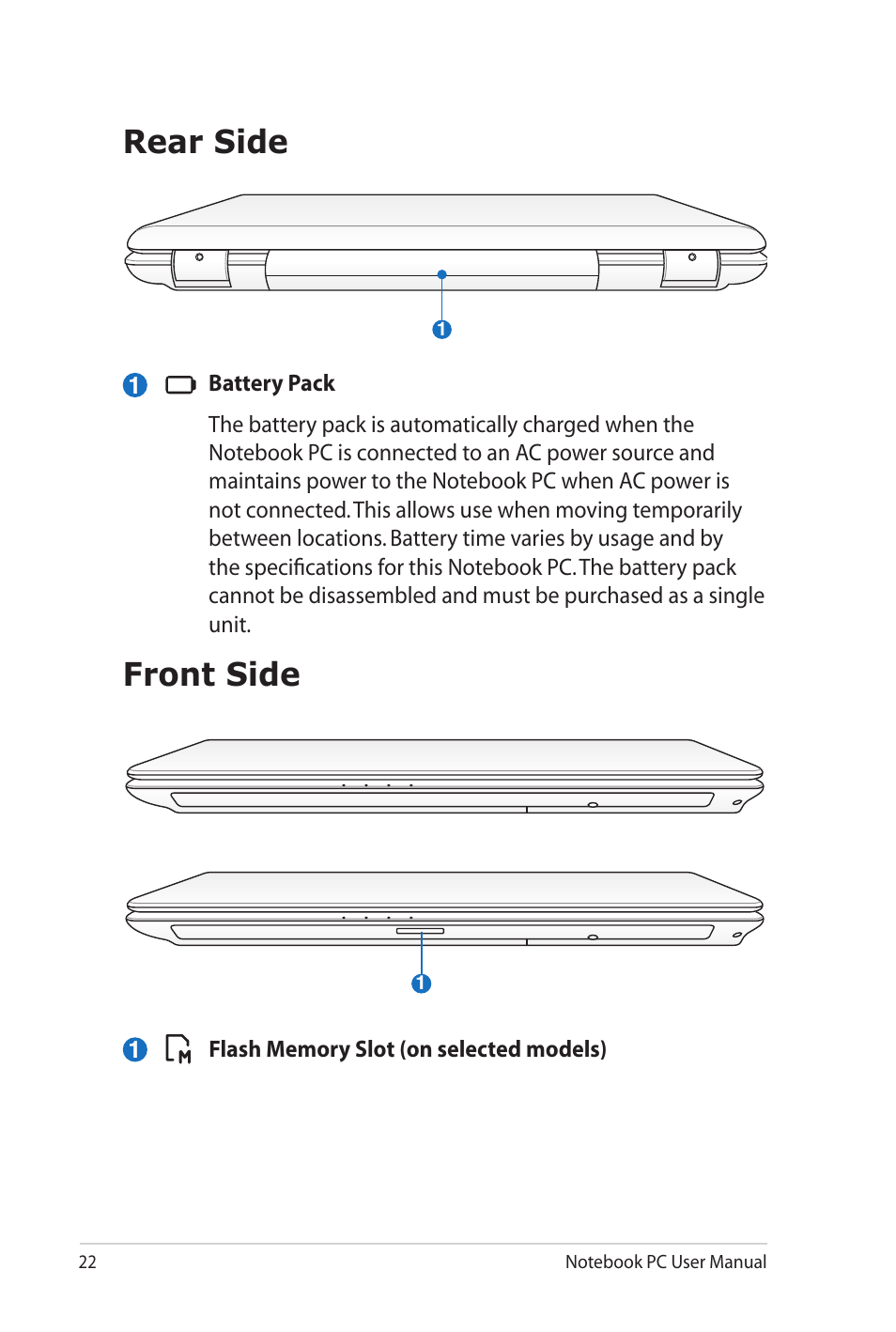 Rear side, Front side, Rear side front side | Asus K72JU User Manual | Page 22 / 106