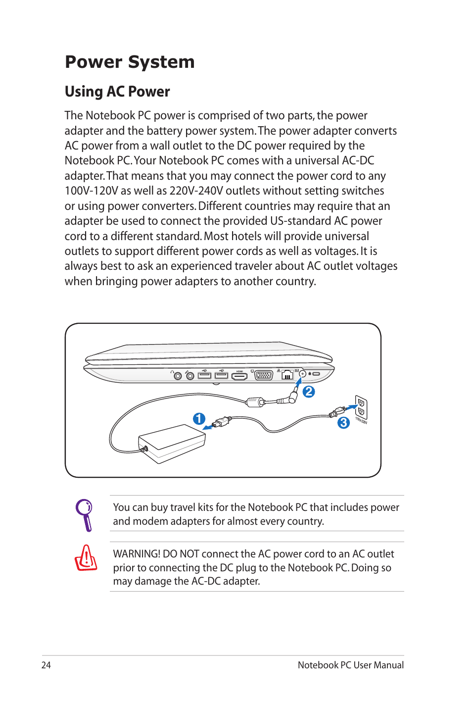 Power system, Using ac power | Asus K72JU User Manual | Page 24 / 106