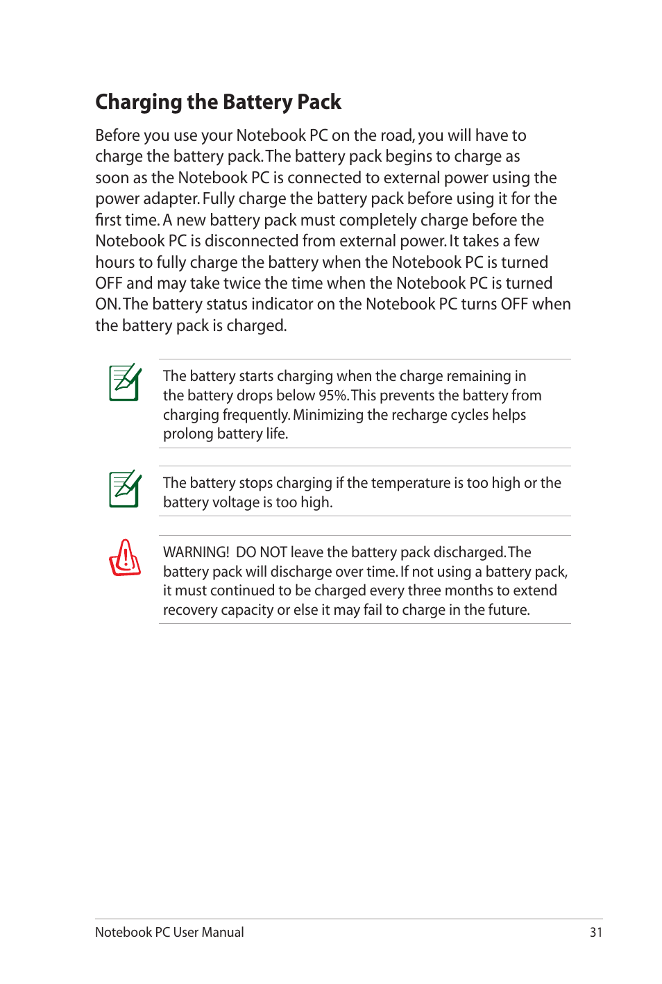 Charging the battery pack | Asus K72JU User Manual | Page 31 / 106