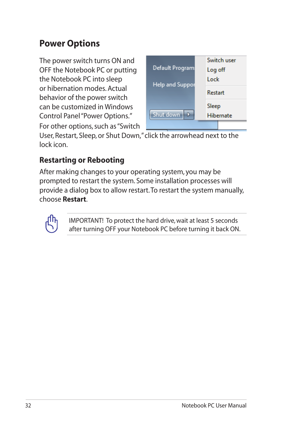 Power options | Asus K72JU User Manual | Page 32 / 106