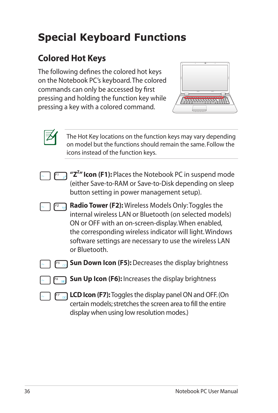 Special keyboard functions, Colored hot keys | Asus K72JU User Manual | Page 36 / 106
