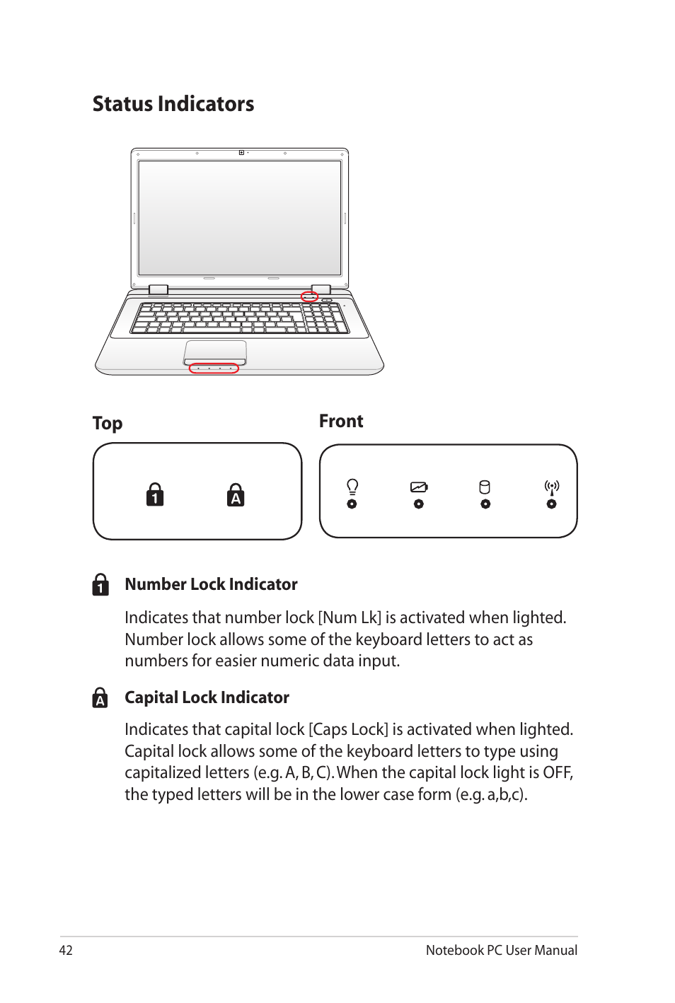 Status indicators | Asus K72JU User Manual | Page 42 / 106