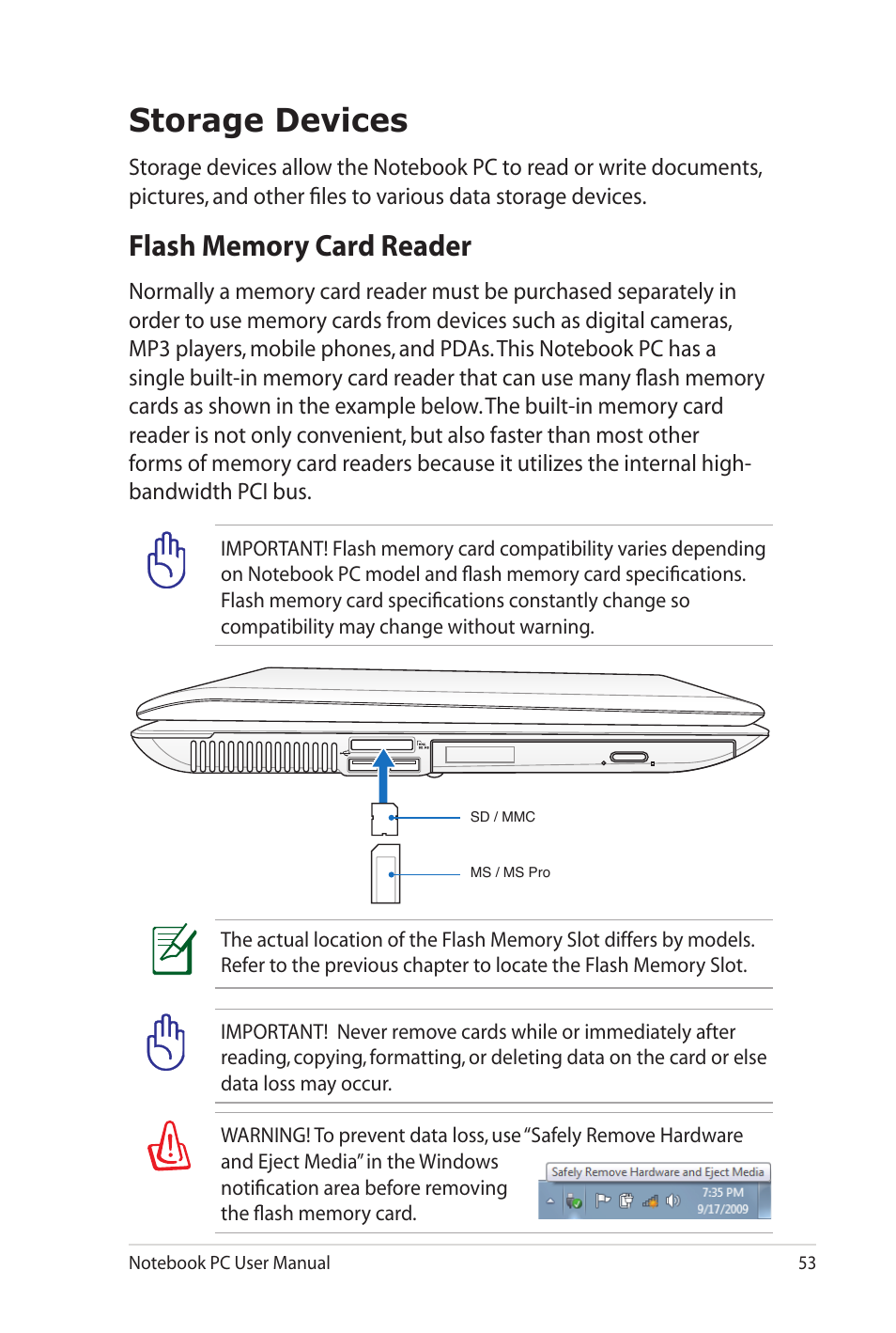Storage devices, Flash memory card reader | Asus K72JU User Manual | Page 53 / 106