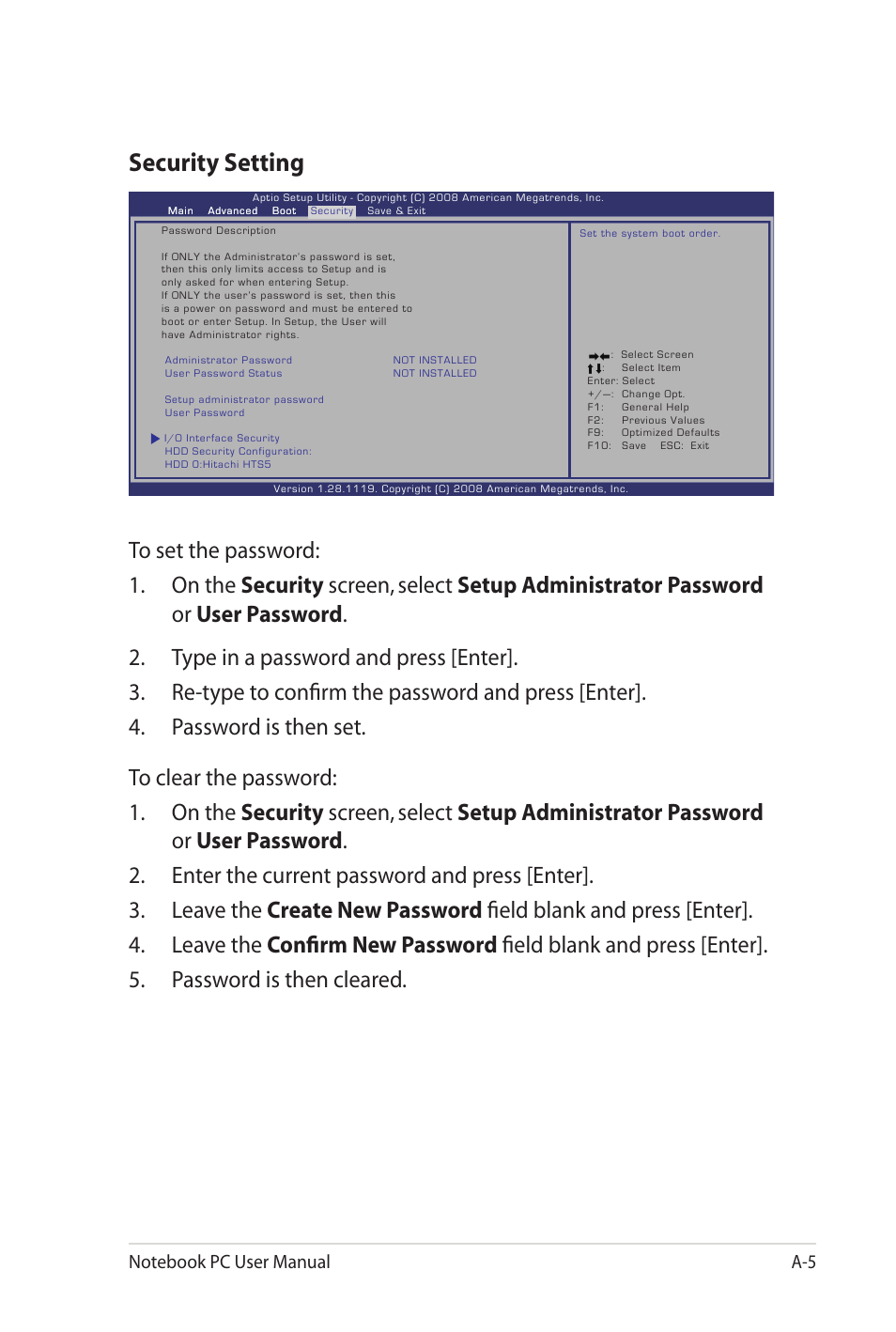 Security setting | Asus K72JU User Manual | Page 71 / 106