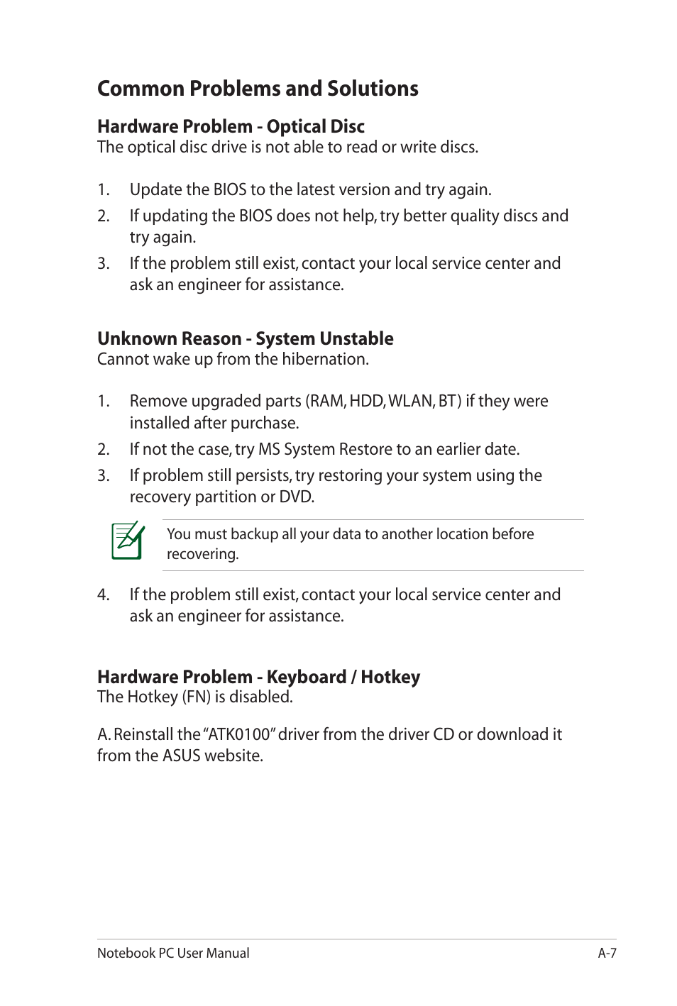 Common problems and solutions | Asus K72JU User Manual | Page 73 / 106
