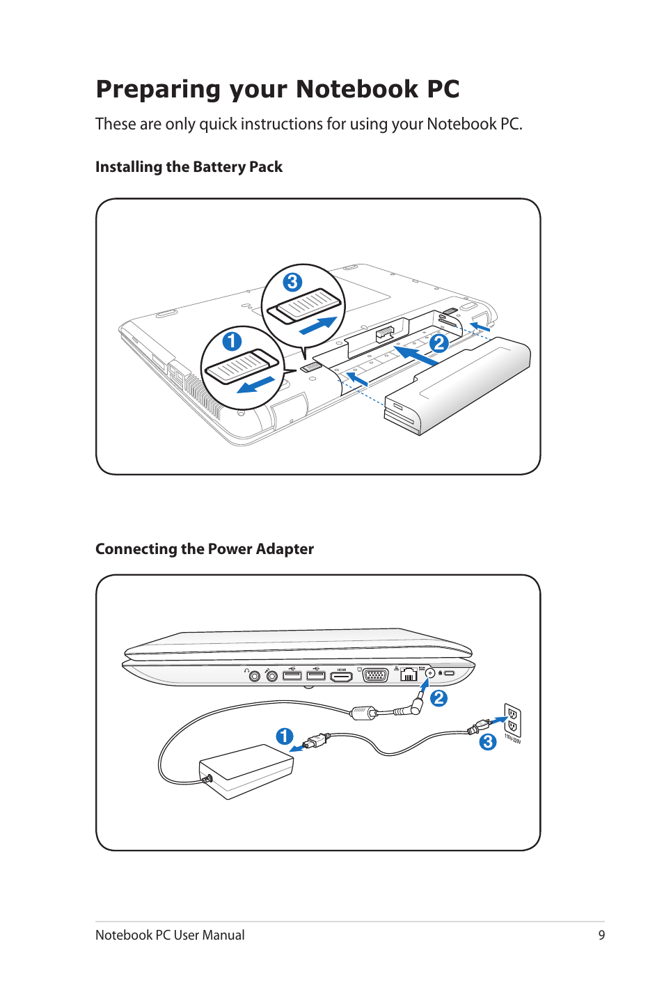 Preparing your notebook pc | Asus K72JU User Manual | Page 9 / 106