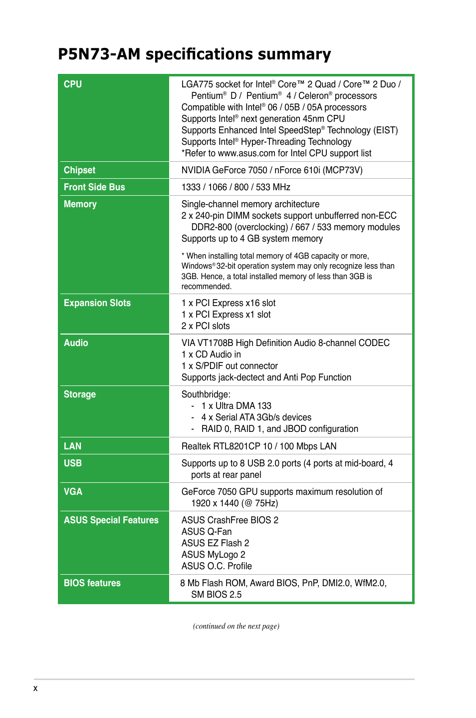 P5n73-am specifications summary | Asus P5N73-AM User Manual | Page 10 / 98
