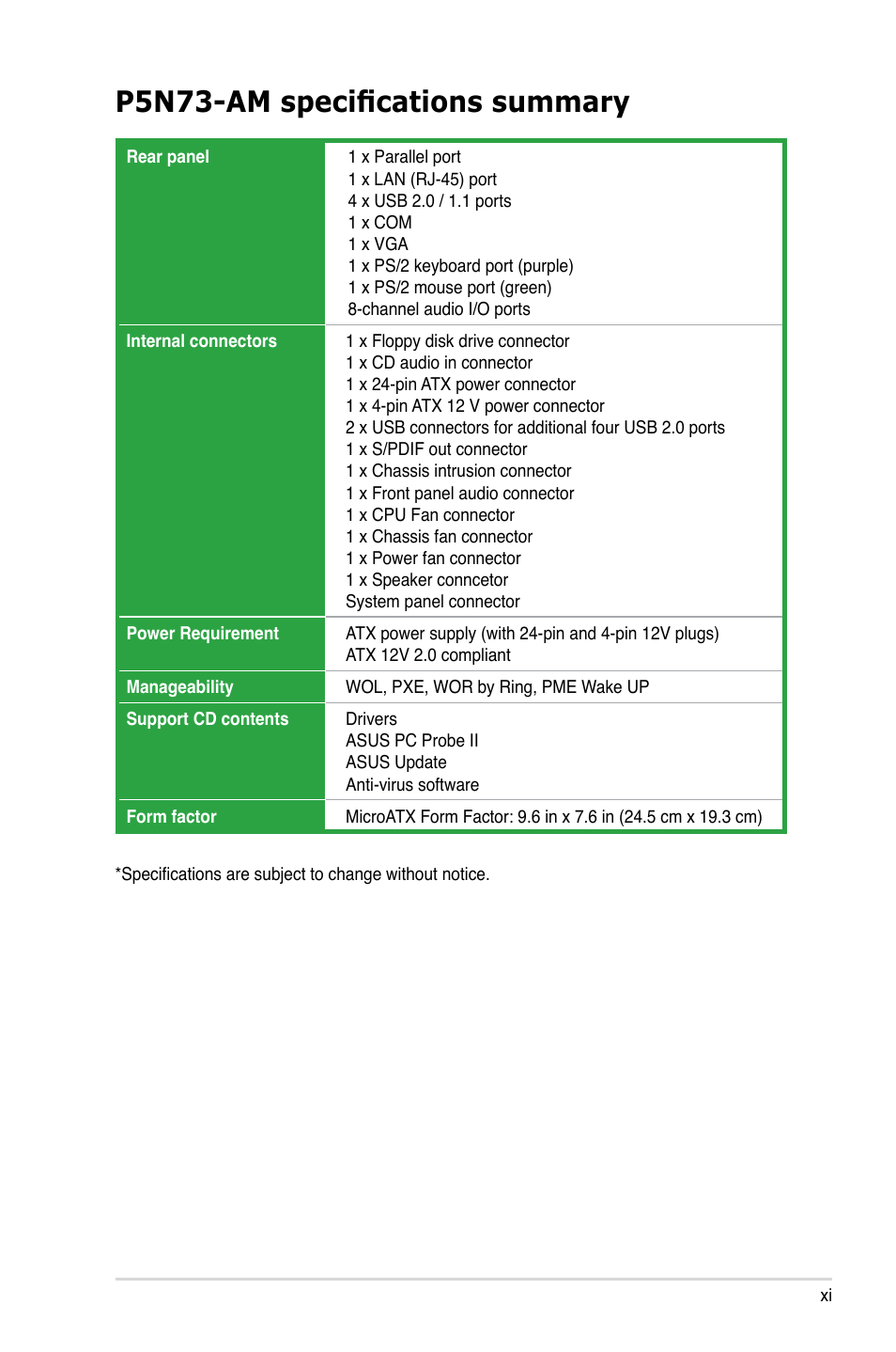 P5n73-am specifications summary | Asus P5N73-AM User Manual | Page 11 / 98