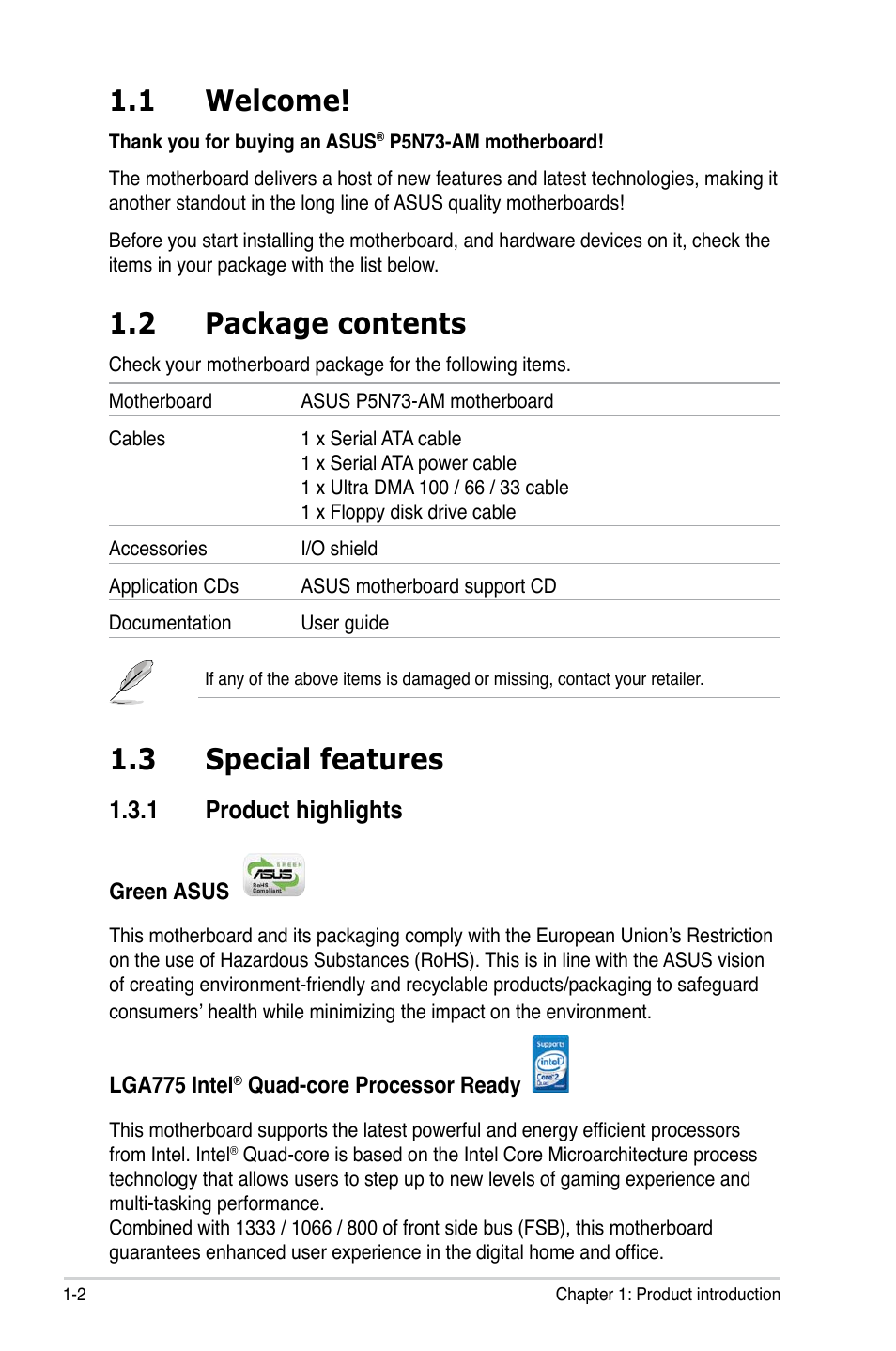 1 welcome, 2 package contents, 3 special features | 1 product highlights | Asus P5N73-AM User Manual | Page 14 / 98