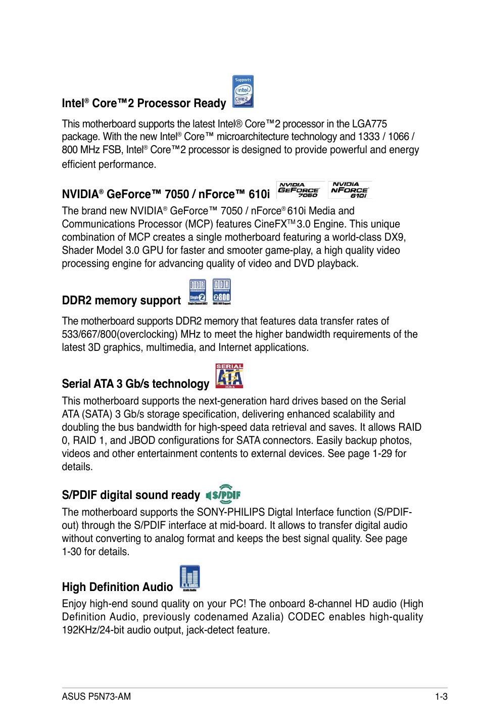 Intel, Core™2 processor ready, Nvidia | Serial ata 3 gb/s technology, S/pdif digital sound ready, High definition audio | Asus P5N73-AM User Manual | Page 15 / 98