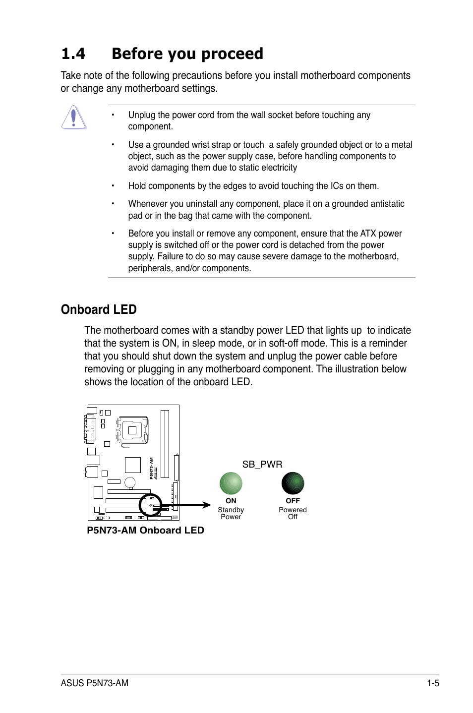 4 before you proceed, Onboard led | Asus P5N73-AM User Manual | Page 17 / 98