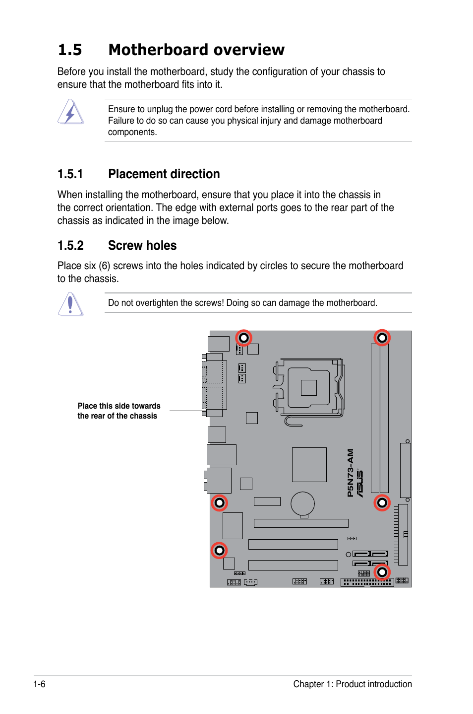 5 motherboard overview, 1 placement direction, 2 screw holes | Asus P5N73-AM User Manual | Page 18 / 98