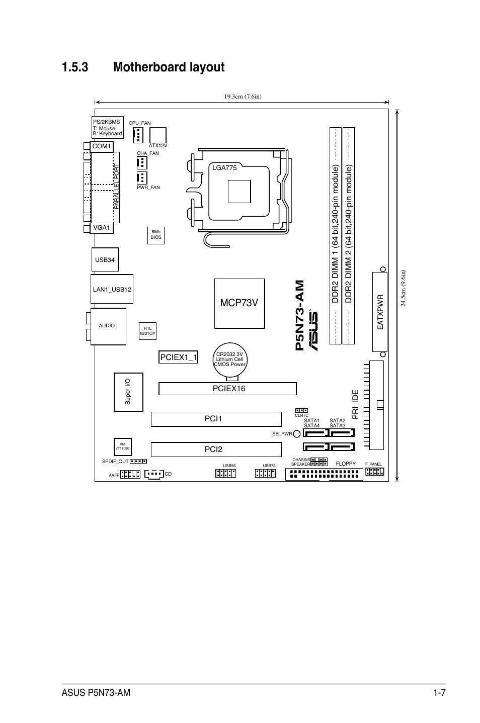 3 motherboard layout, P5n73-am, Mcp73v | Asus P5N73-AM User Manual | Page 19 / 98