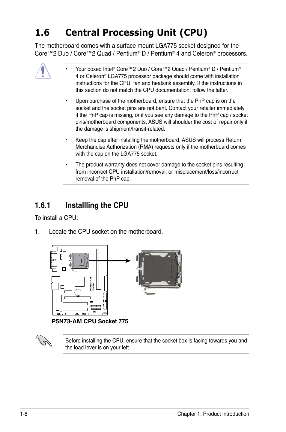 6 central processing unit (cpu), 1 installling the cpu | Asus P5N73-AM User Manual | Page 20 / 98