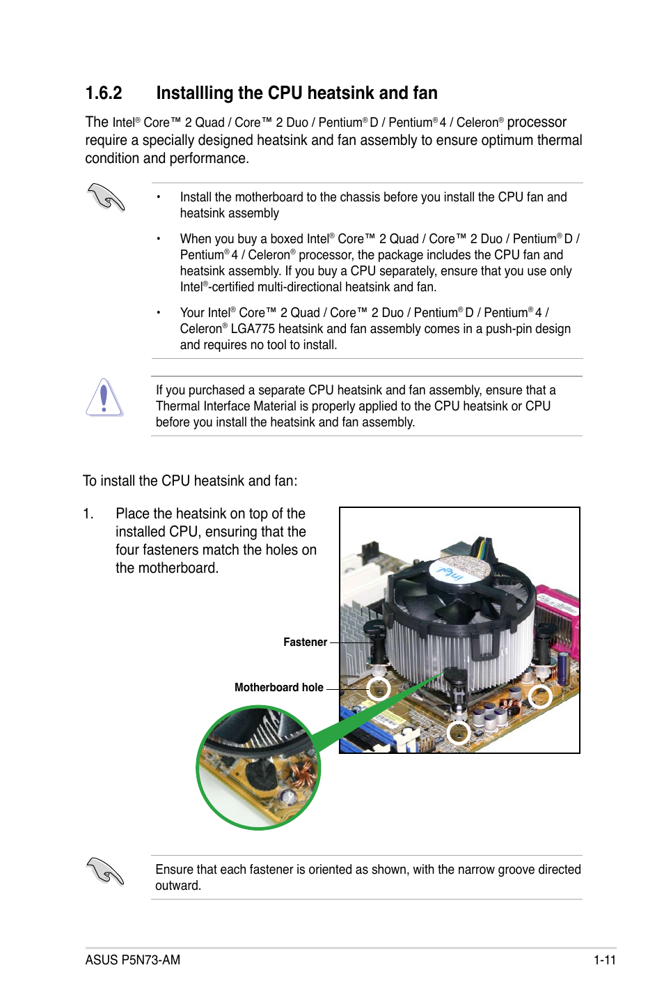 2 installling the cpu heatsink and fan | Asus P5N73-AM User Manual | Page 23 / 98