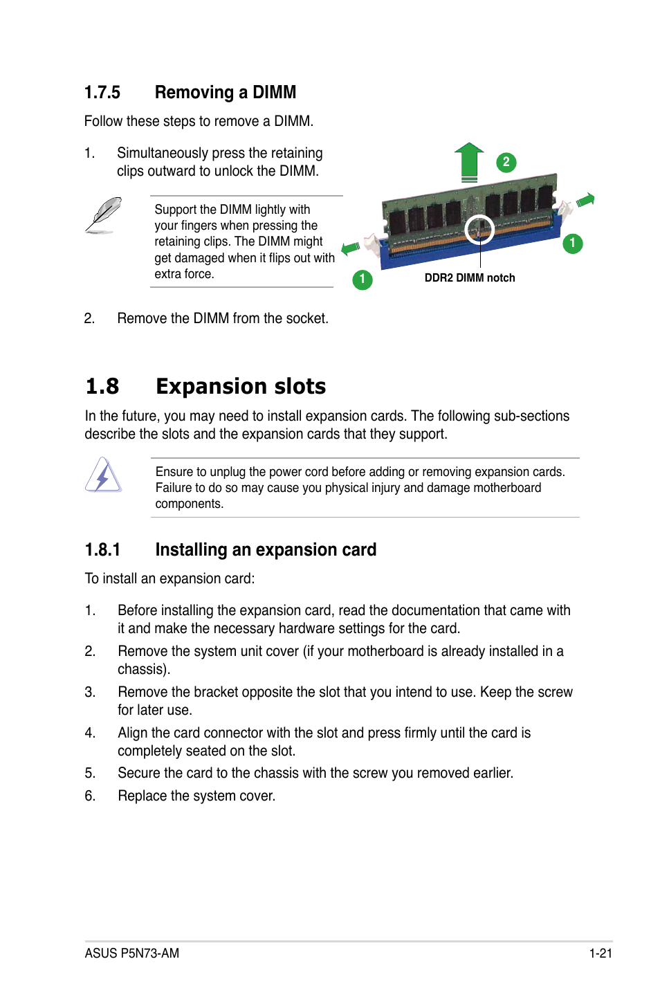 5 removing a dimm, 8 expansion slots, 1 installing an expansion card | Asus P5N73-AM User Manual | Page 33 / 98