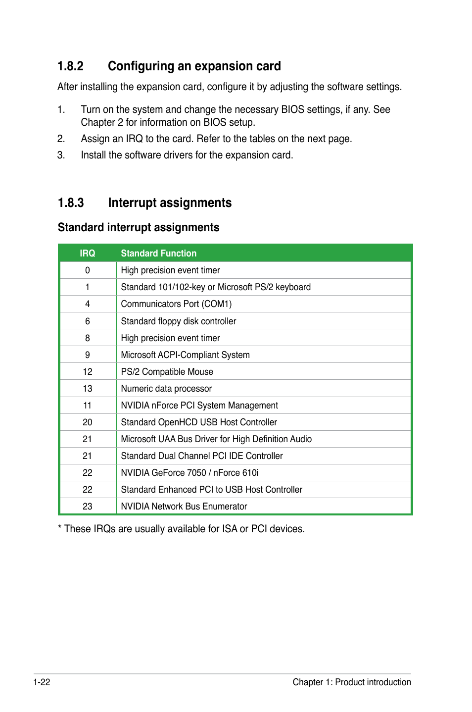 2 configuring an expansion card, 3 interrupt assignments, Standard interrupt assignments | Asus P5N73-AM User Manual | Page 34 / 98