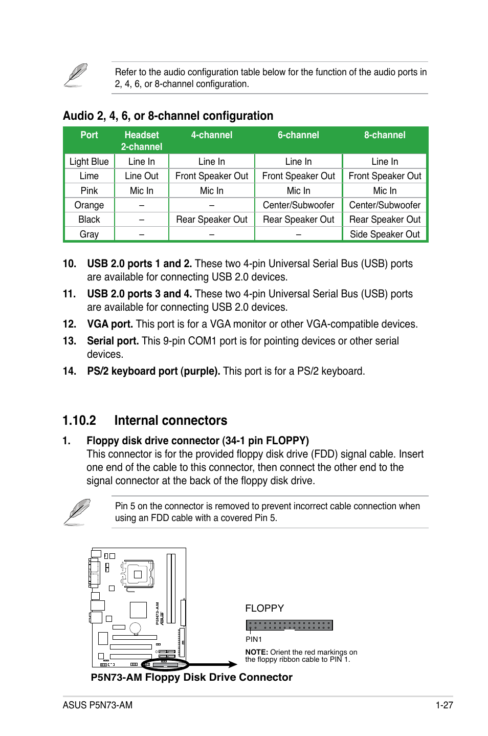 2 internal connectors, Audio 2, 4, 6, or 8-channel configuration | Asus P5N73-AM User Manual | Page 39 / 98