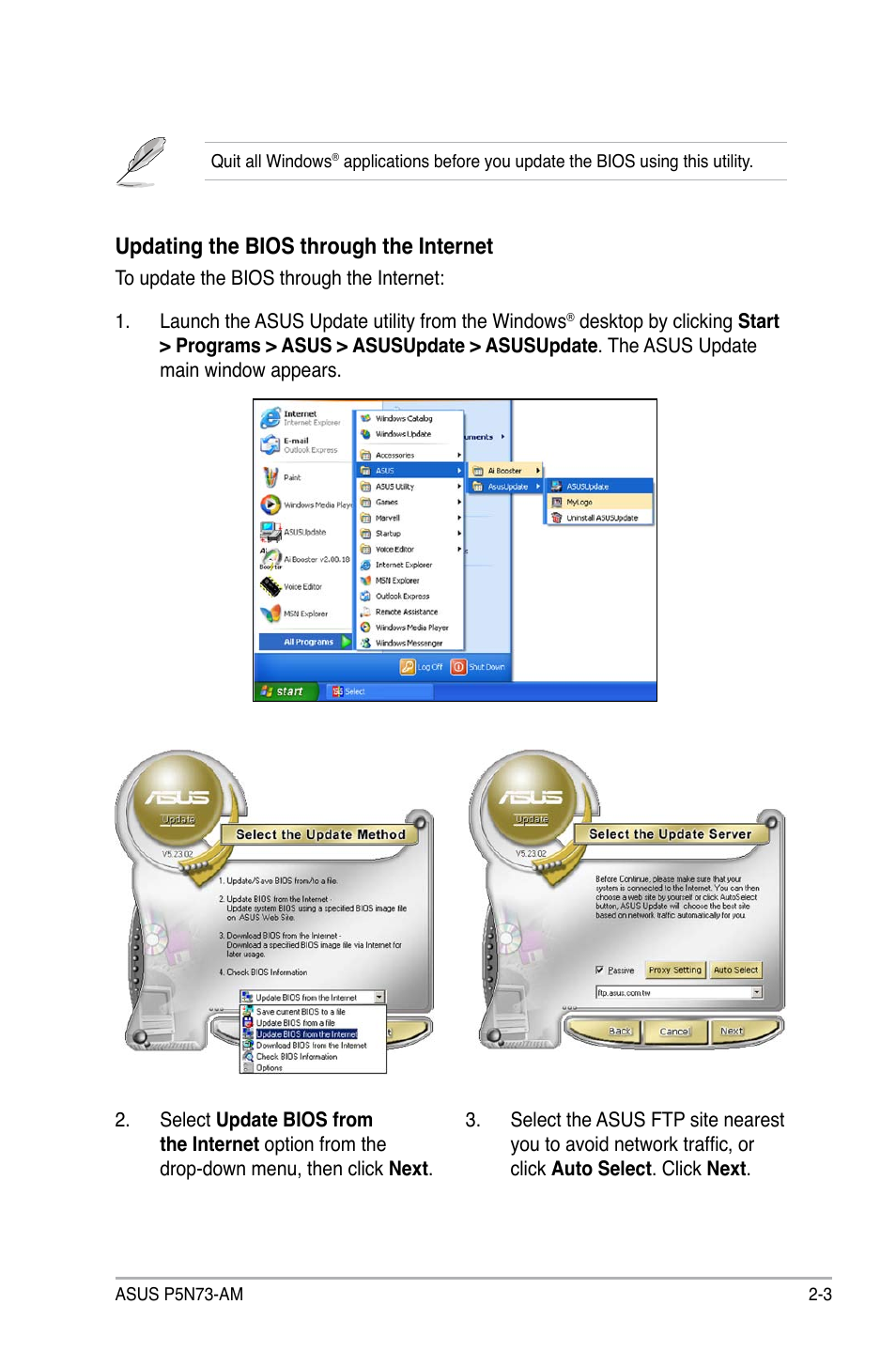Updating the bios through the internet | Asus P5N73-AM User Manual | Page 49 / 98